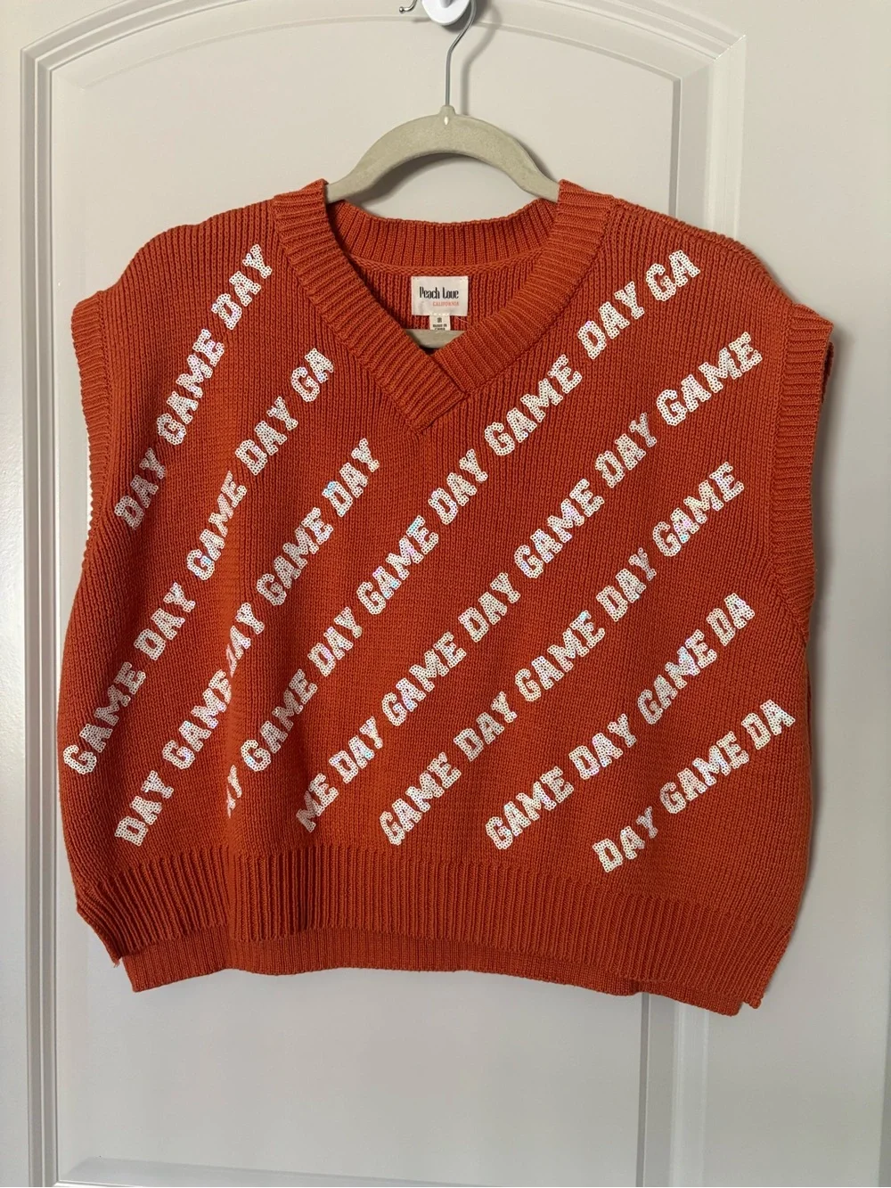 Peach Love Burnt Orange Sequin 'Game Day' V-Neck Sweater Vest